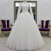 Vestido De Noiva Muslim Wedding Dresses Dubai High Neck Lace 3D Flowers Pearls Long Sleeves Bridal Dress Robe de Mariage WHITE